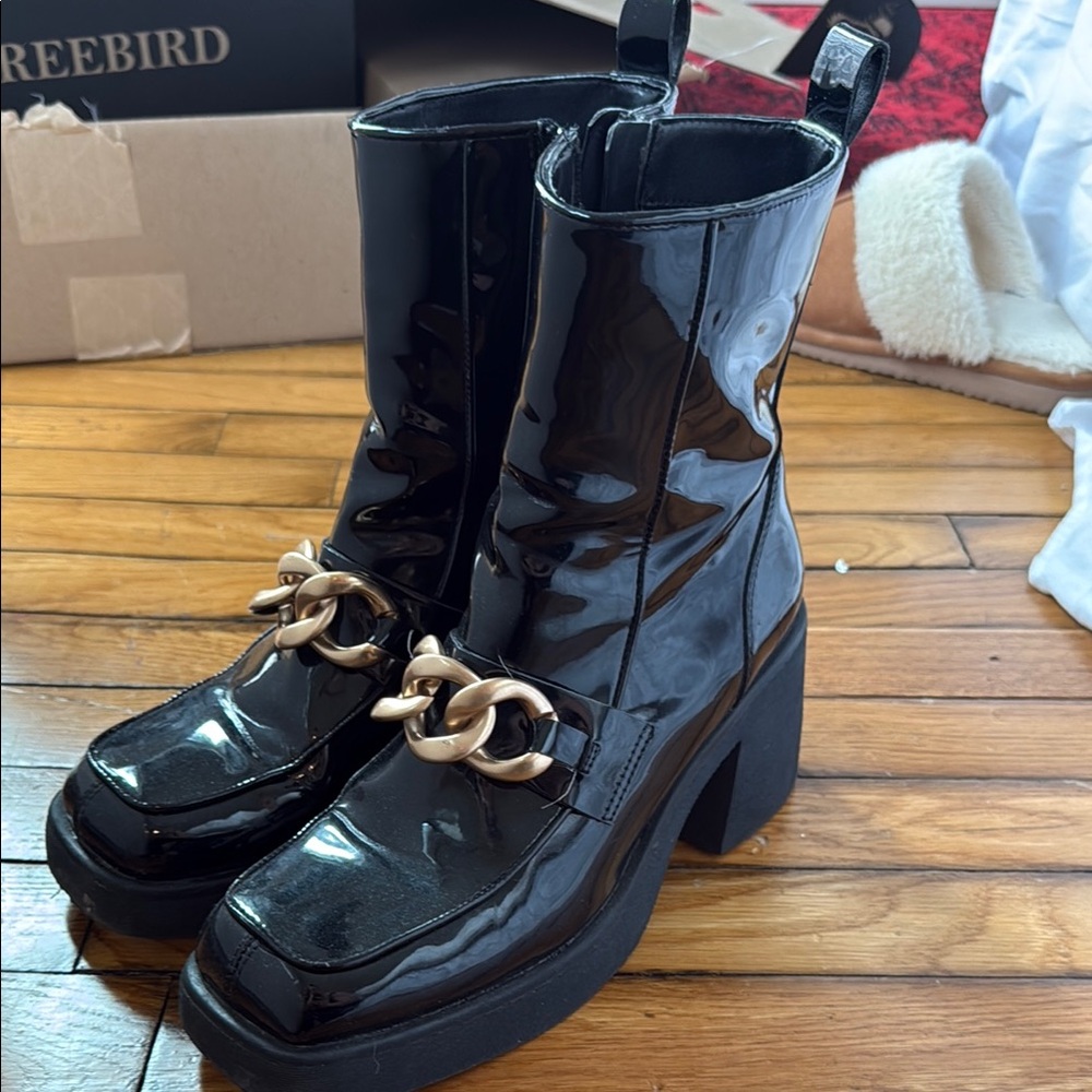 Steve Madden Black Patent Leather Boots with Chain Detail